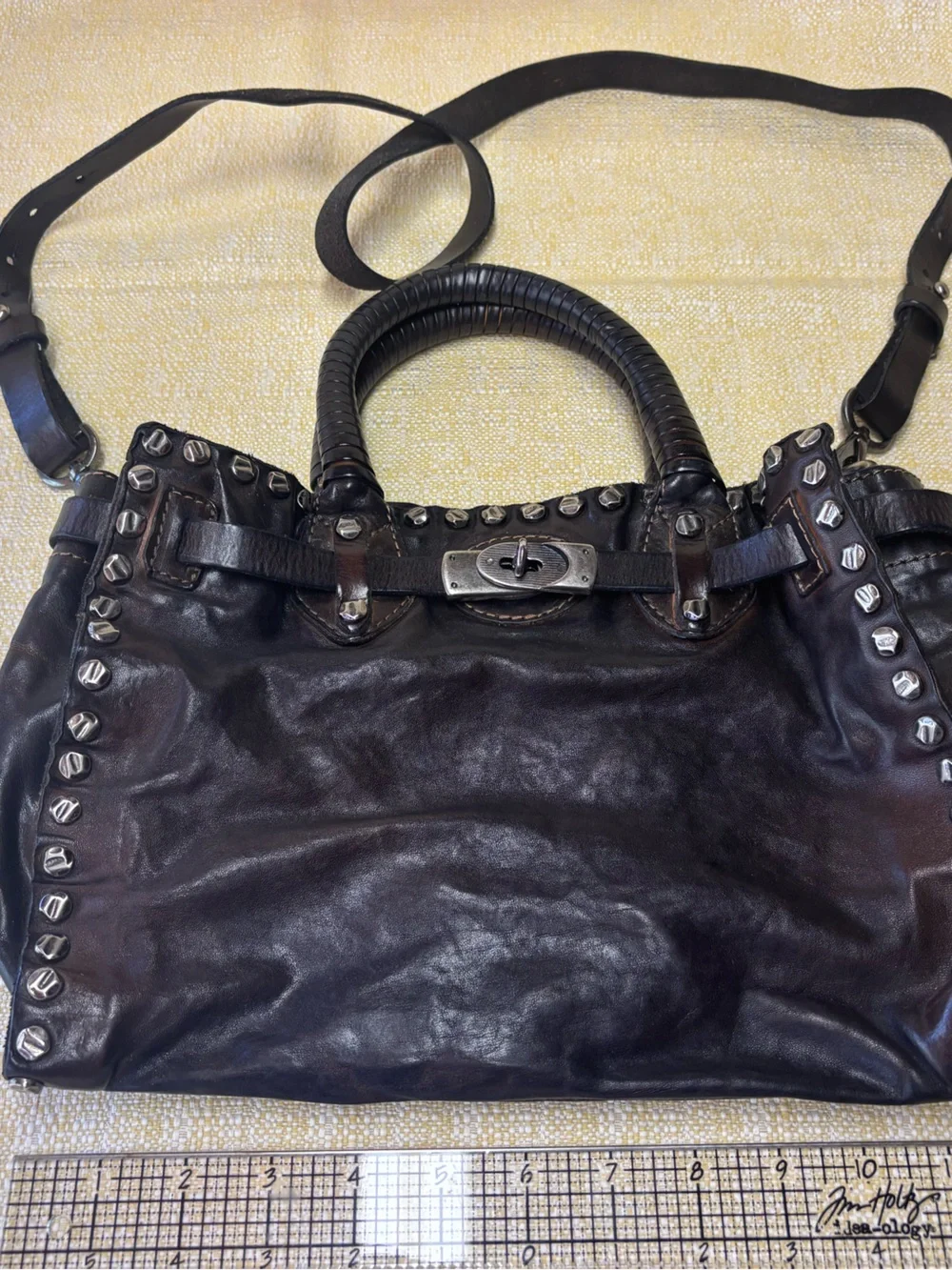 Giorgio Brato Dark Brown Leather Stud-Accent Shoulder Bag with Turn-Lock - Picture 10 of 10